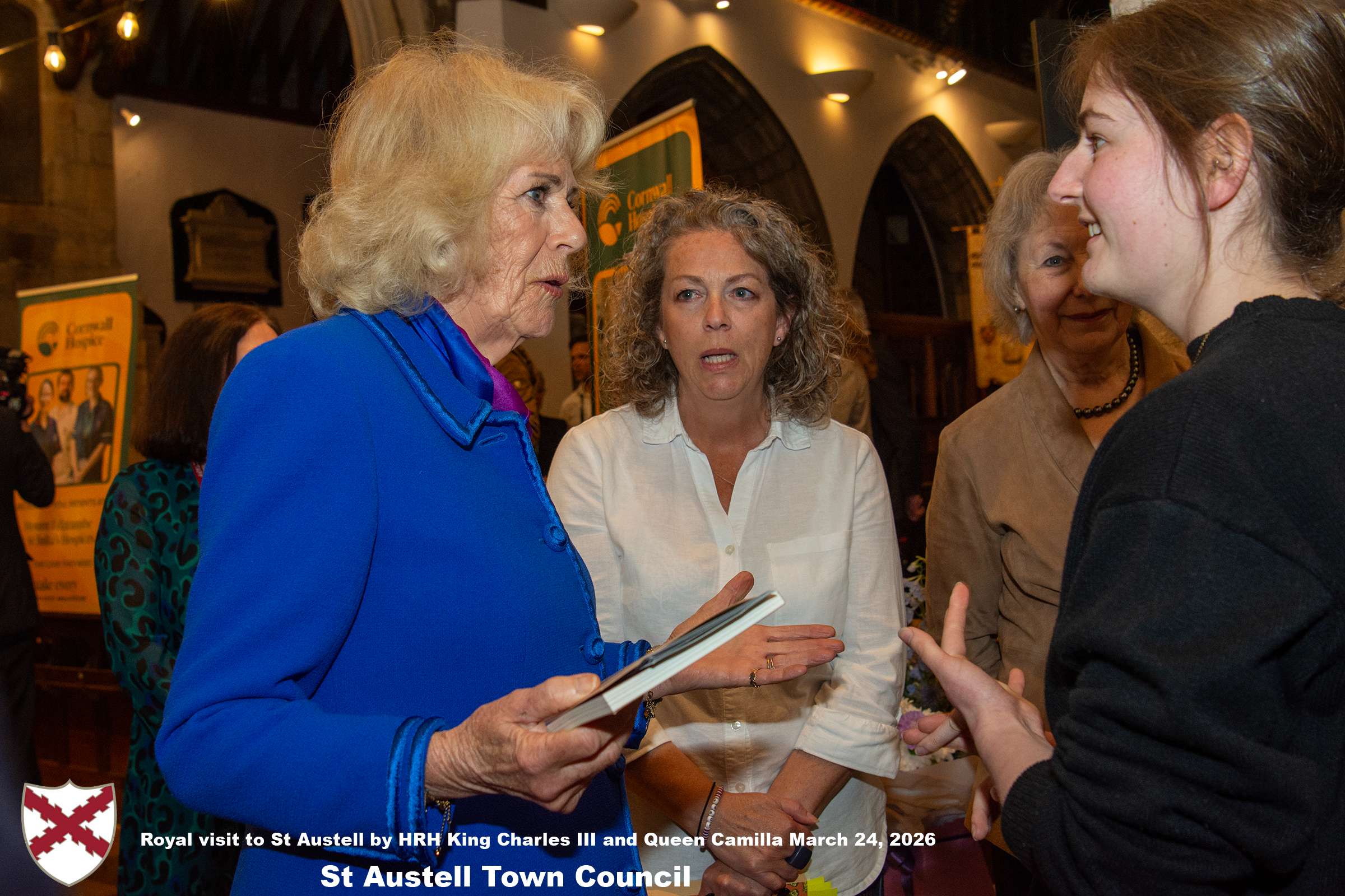 Her Majesty Queen Camilla meets local organisations, volunteers and pupil’s from a local school at Holy Trinity Church.