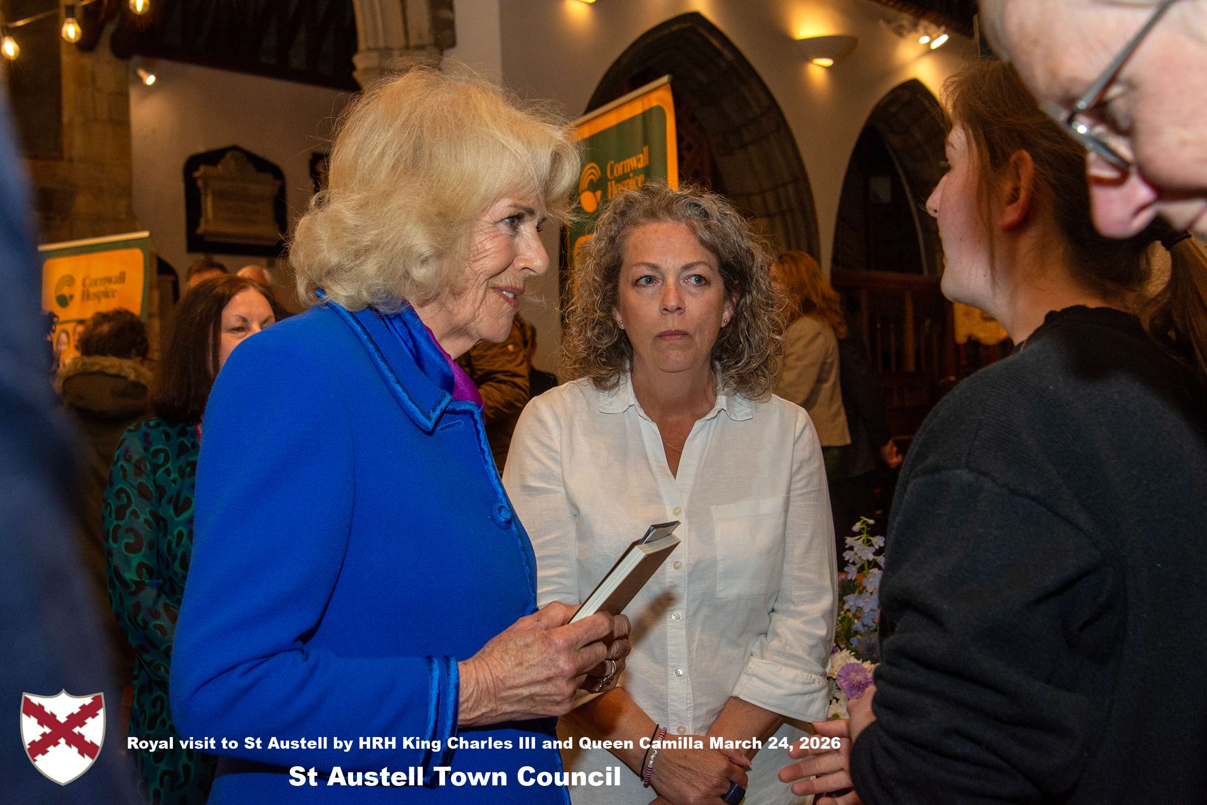 Her Majesty Queen Camilla meets local organisations, volunteers and pupil’s from a local school at Holy Trinity Church.