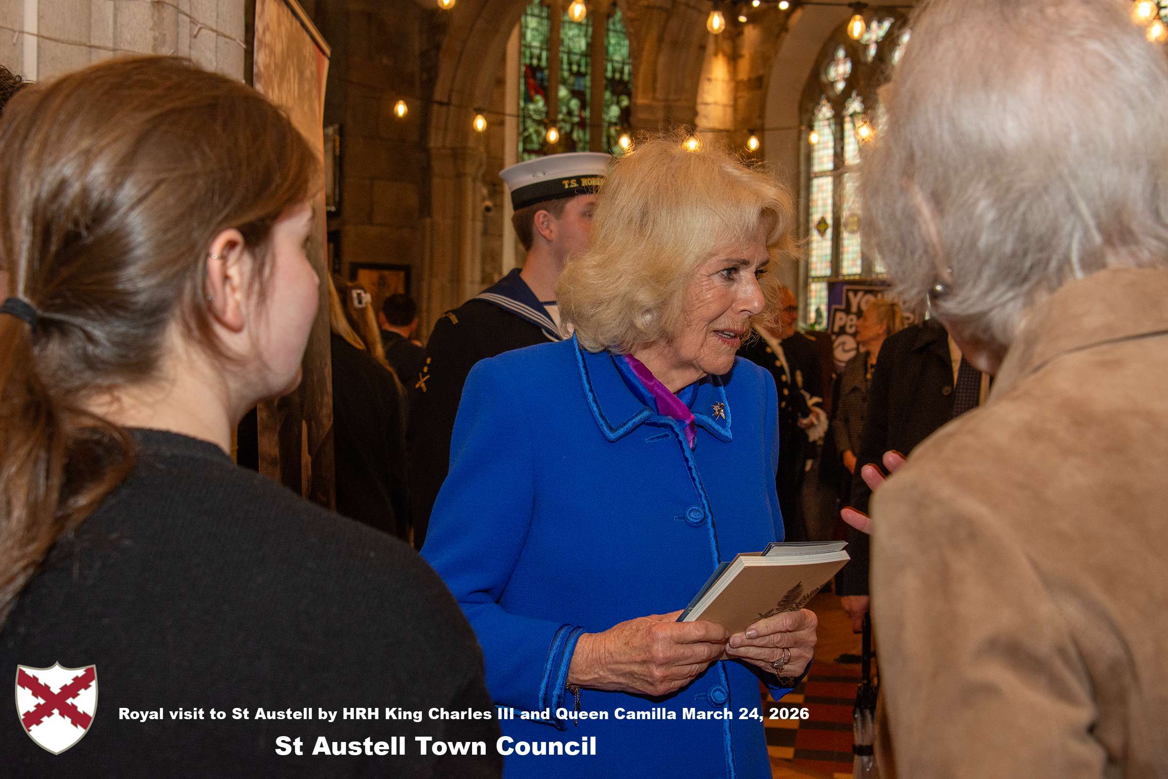 Her Majesty Queen Camilla meets local organisations, volunteers and pupils from a local school at Holy Trinity Church.