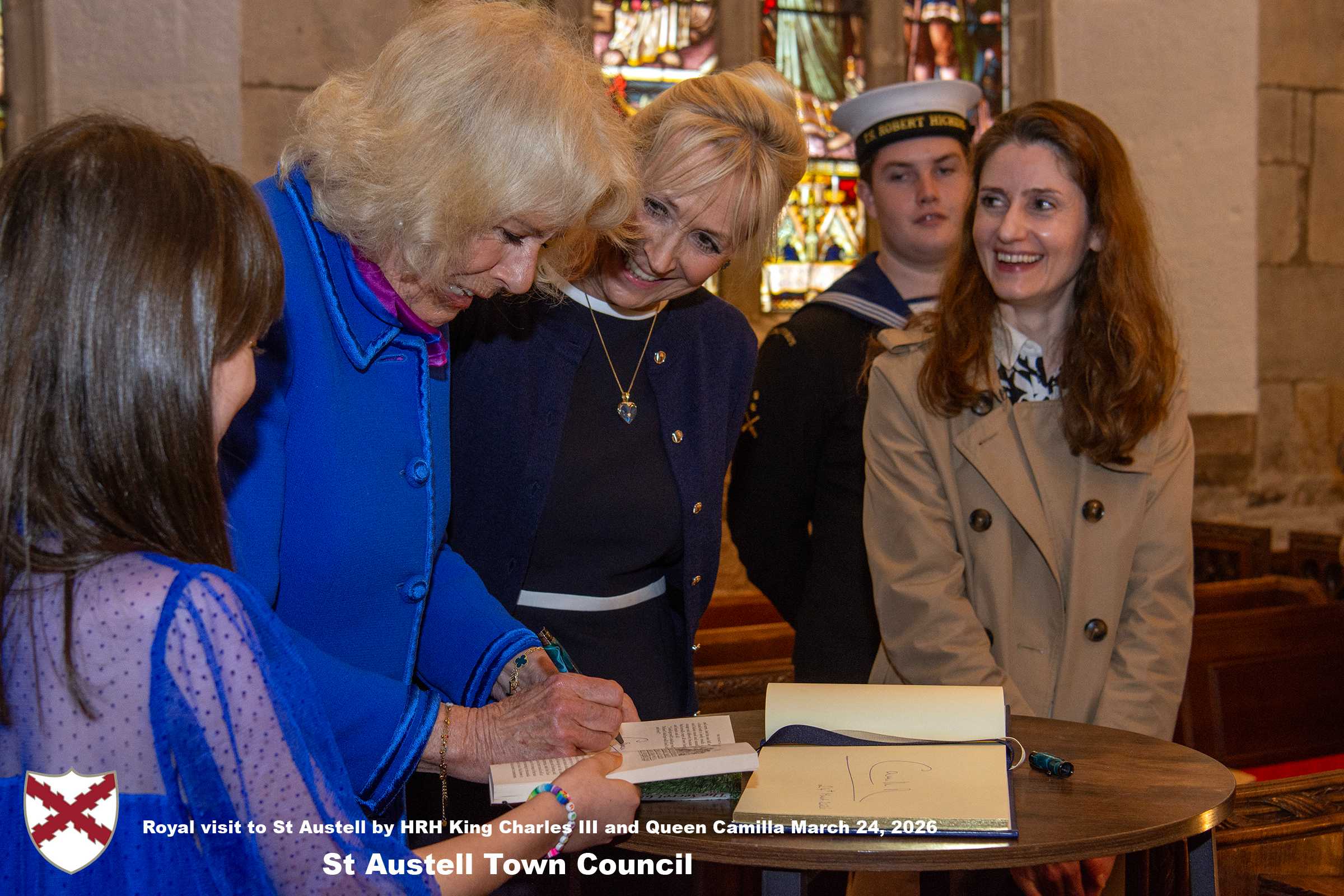 Her Majesty Queen Camilla meets local organisations, volunteers and pupils from a local school at Holy Trinity Church.