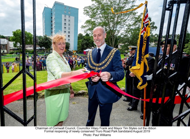 Mayor Tim Styles cut a ribbon to mark the formal reopening of the bandstand in Truro Road Park, August 2019