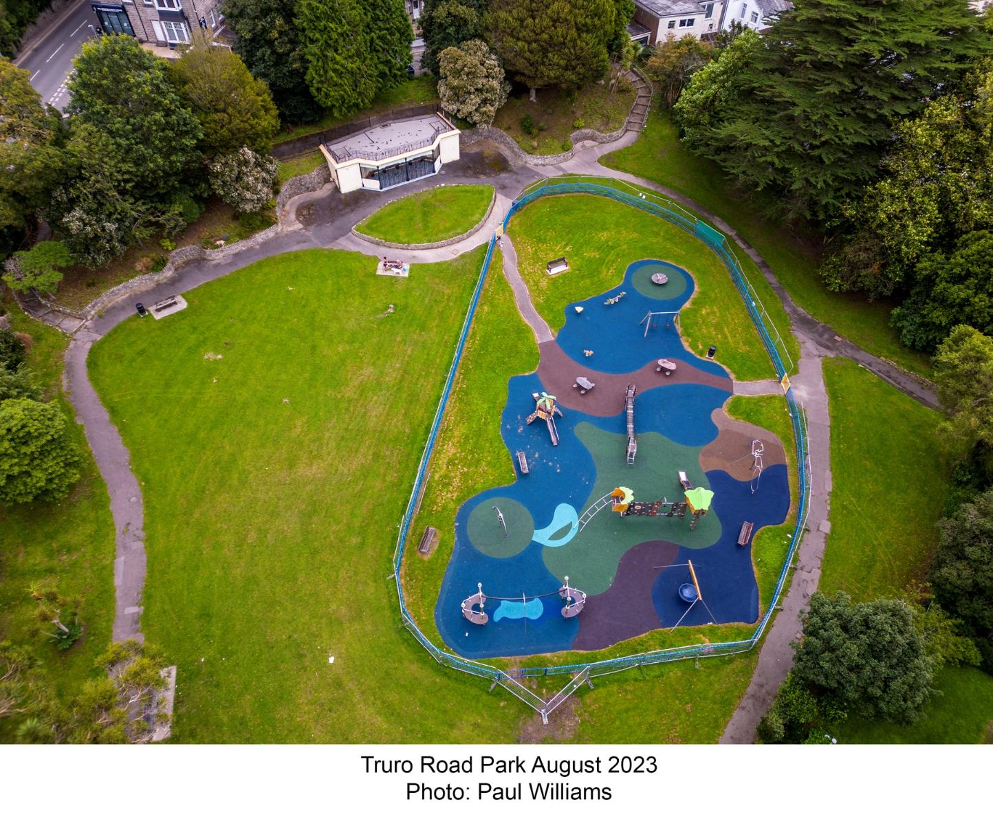 Drone shot of Truro Road Park, August 2023