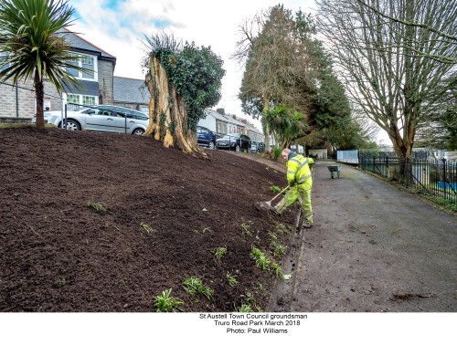 A member of the grounds team carries out work in Truro Road Park, 2018