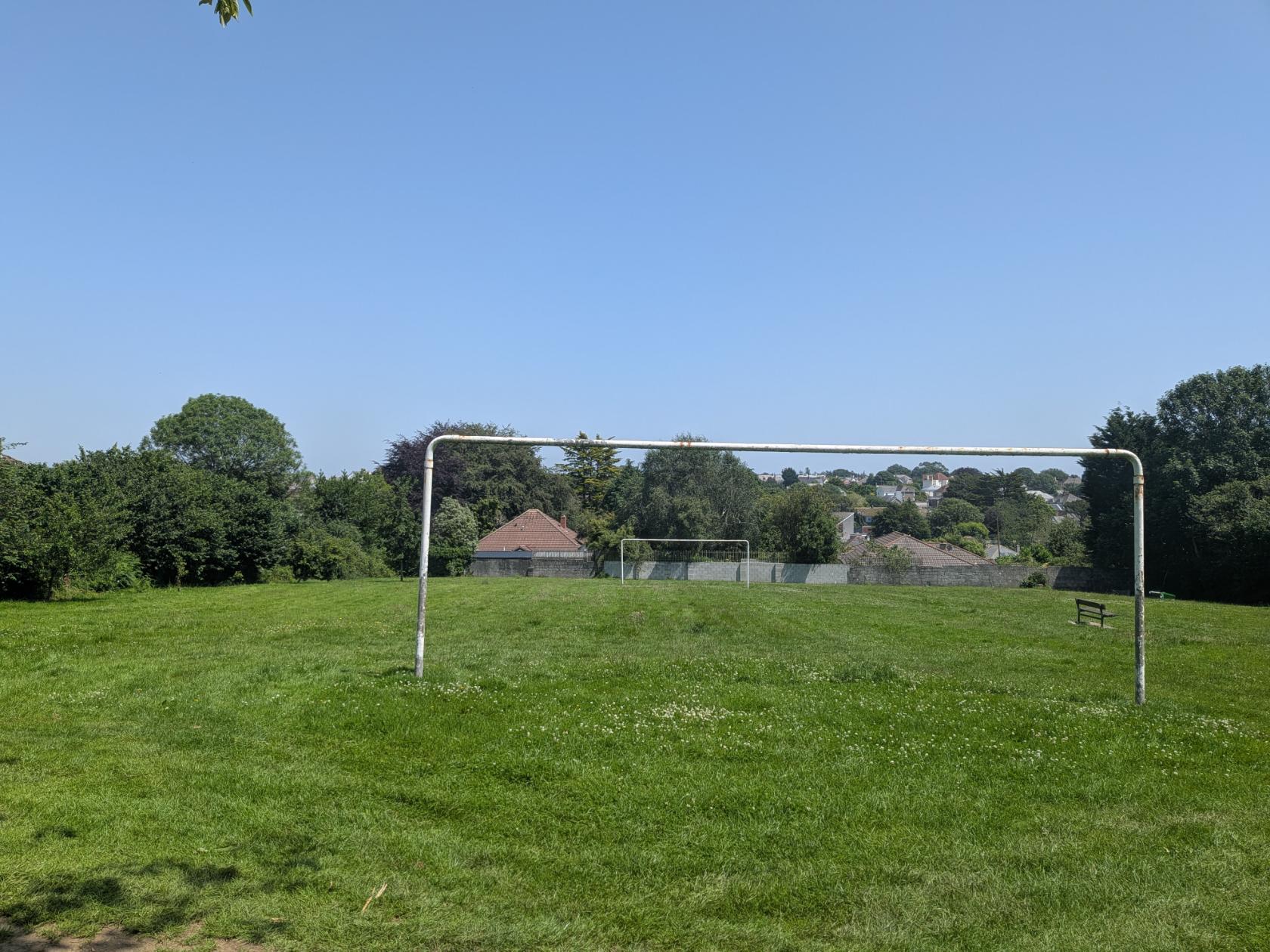 Goal posts in Woodland Road open space, June 2026