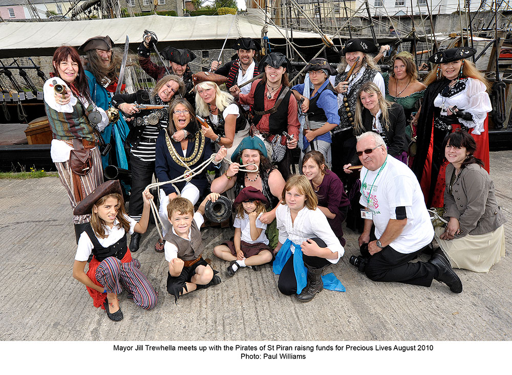 Mayor Jill Trewhella meets up with Pirates of St Piran raising funds for Precious Lives, August 2010