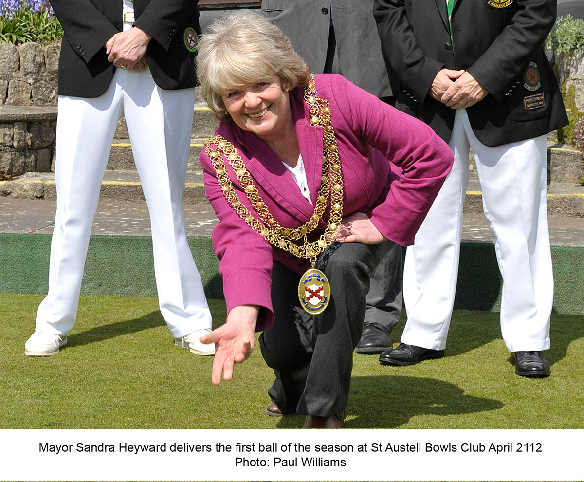 Mayor Sandra Hayward delivers the first ball of the season at St Austell Bowls Club April 2012