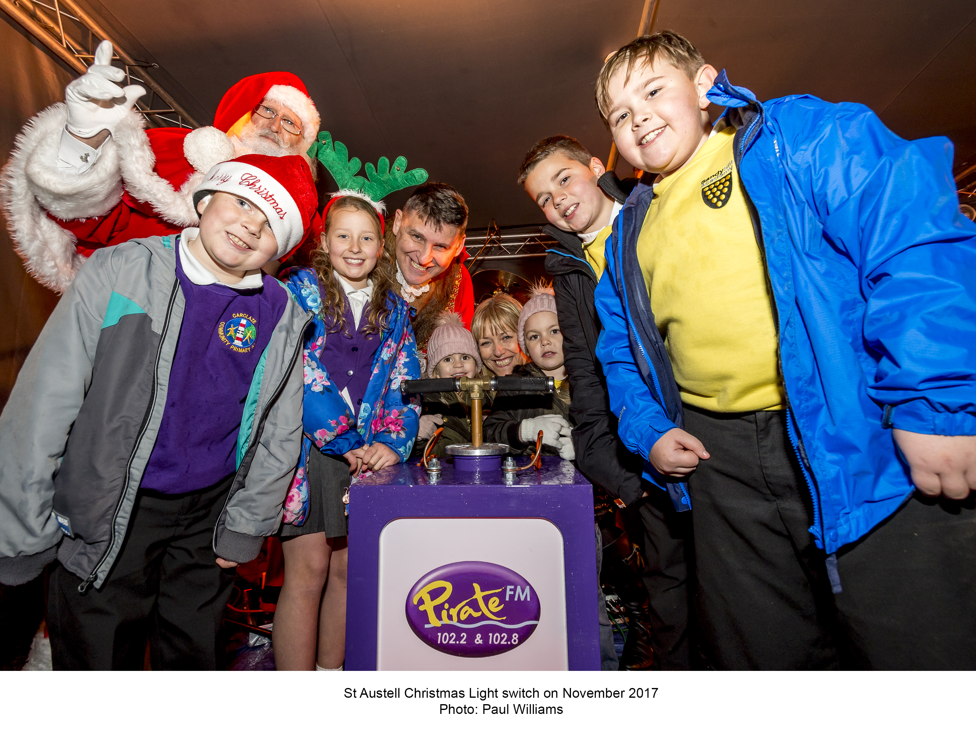 Mayor Graham Walker with local school children and Santa Clause at the 2018 St Austell Christmas Lights Switch On