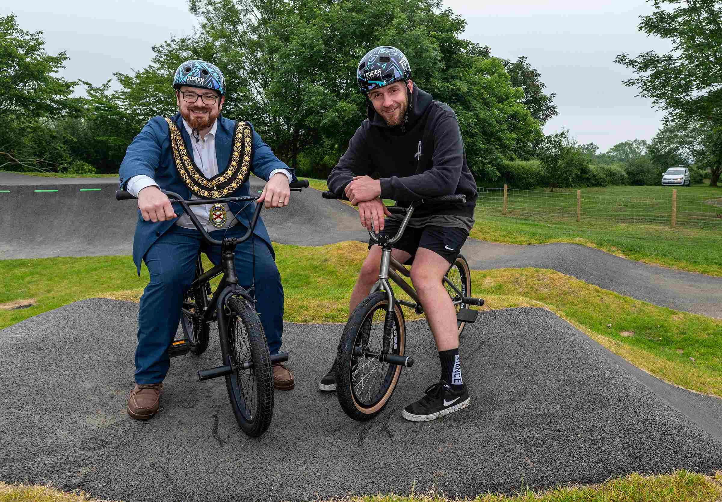 Cllr Ethan Stephens and Matti from Fusion Extreme pose on BMX bikes